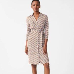 J. McLaughlin Brynn Fernwood Geometric 3/4 sleeve button down belted dress, sz M